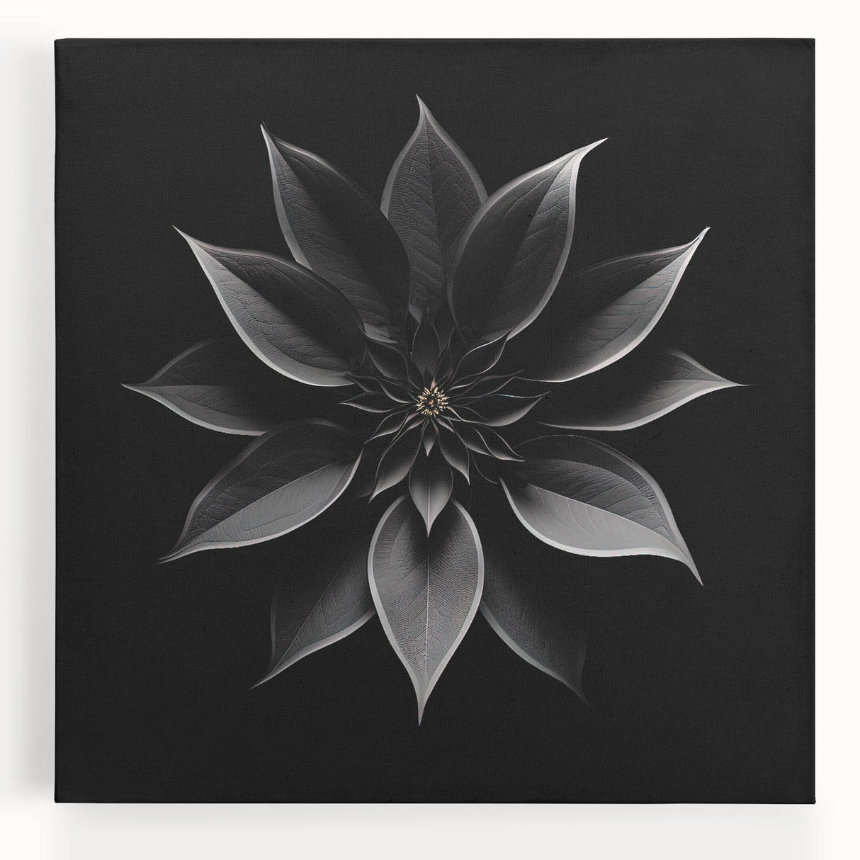 Stretched canvas featuring a vibrant botanical poinsettia design, showcasing rich red and green hues, perfect for enhancing home decor with a festive touch. This artwork captures intricate floral details and adds a lively aesthetic to any room.