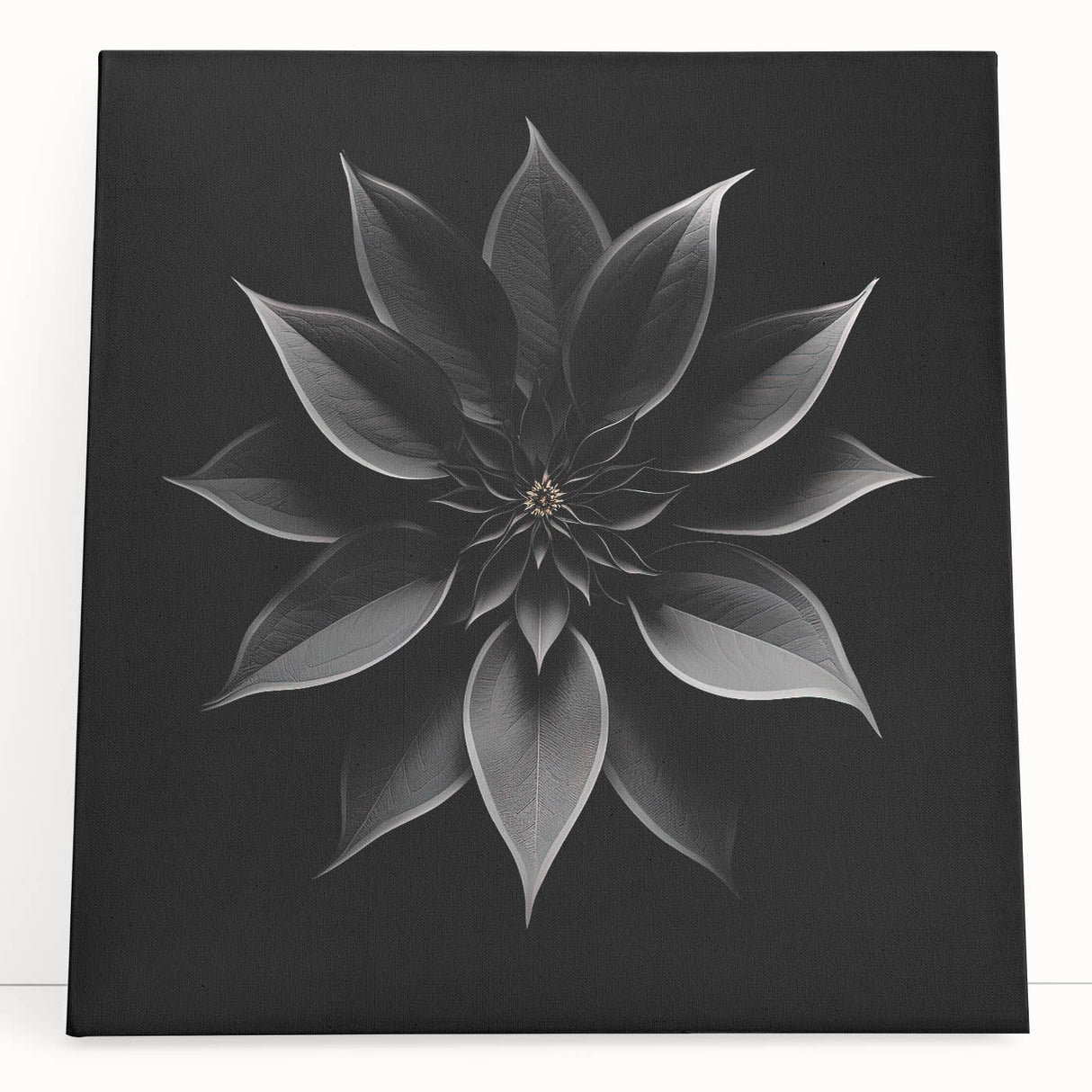 Stretched canvas artwork showcasing a vibrant botanical poinsettia design, featuring rich red and green colors, perfect for home decor or festive themes. Ideal for adding a touch of nature to any room.