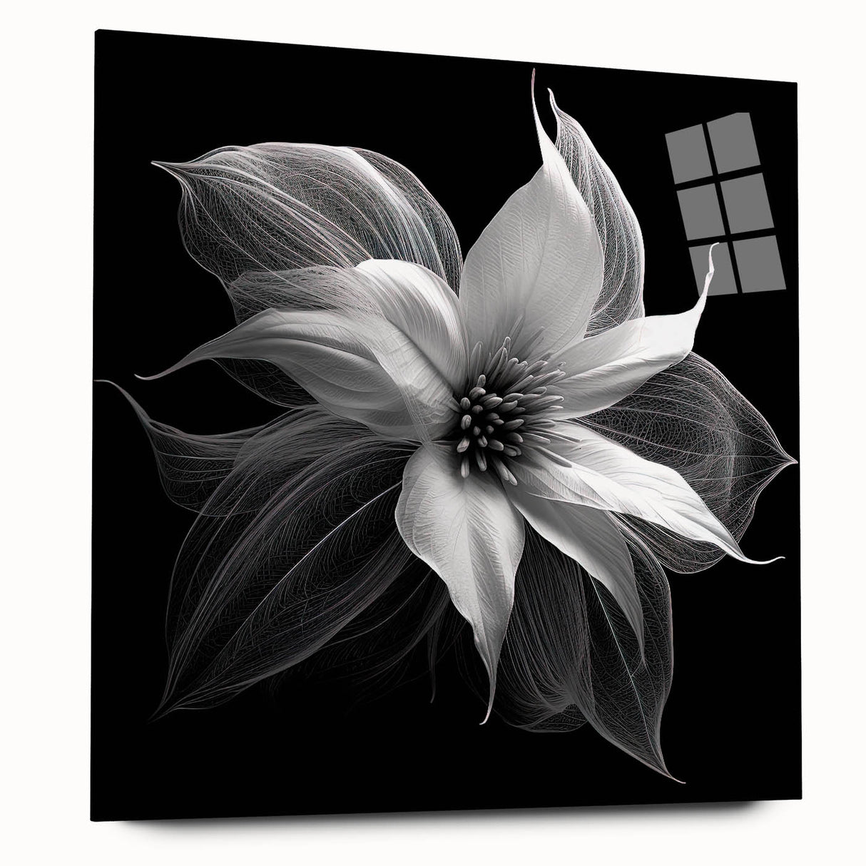 Acrylic glass wall art featuring a vibrant poinsettia botanical design, showcasing rich red and green colors, elegantly displayed from a side view. Perfect for adding a festive touch to home decor.