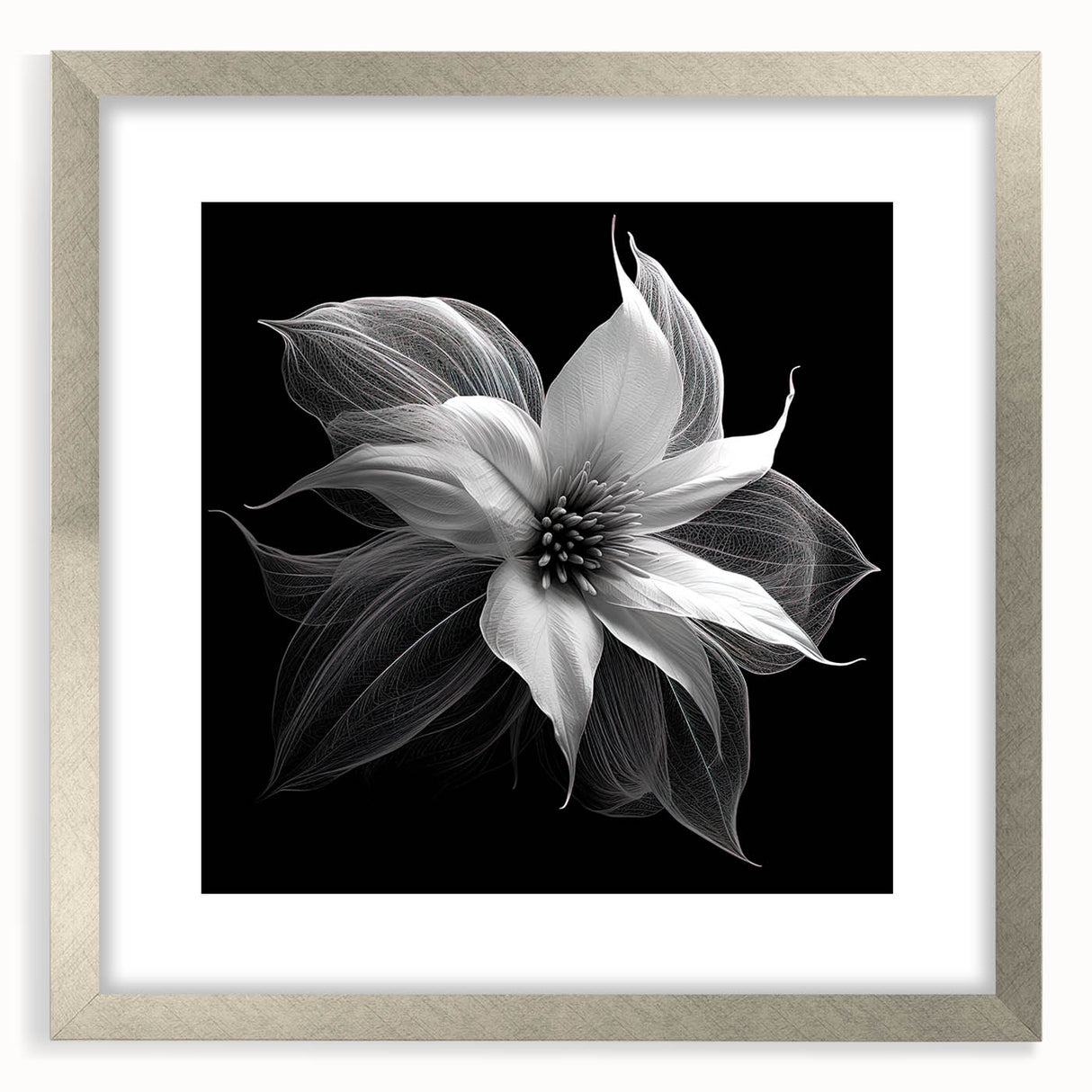 Poinsettia botanical wall art in a silver frame with mat, showcasing vibrant red and green floral design, perfect for festive home decor.