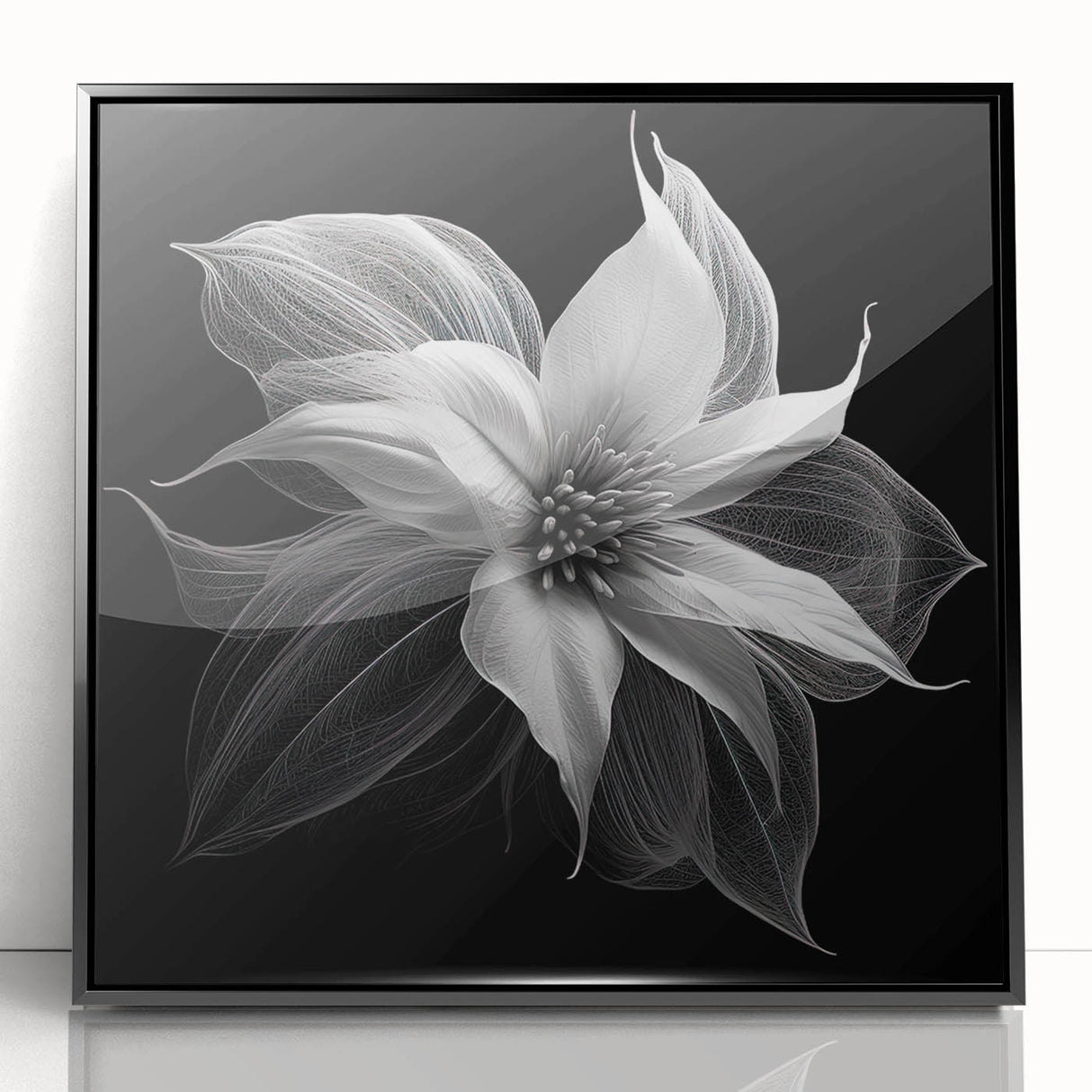 Framed botanical wall art featuring a vibrant poinsettia design on an acrylic surface, showcased in a sleek black frame, perfect for holiday decor.