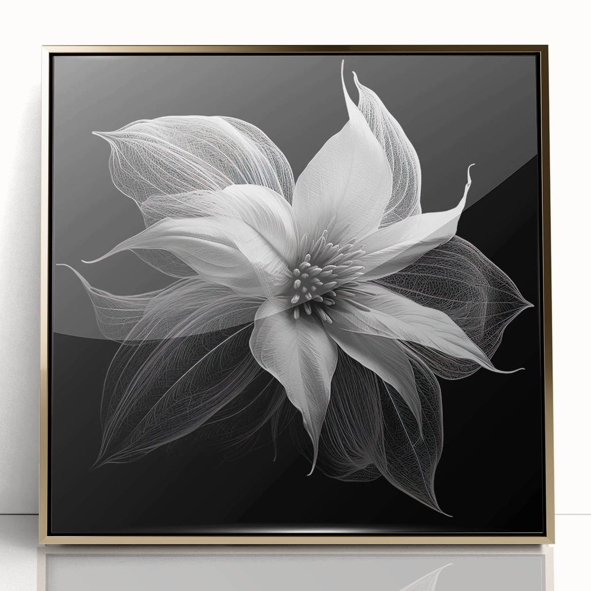 Framed acrylic wall art featuring a botanical poinsettia design in vibrant red and green hues, displayed in a luxurious gold frame, perfect for holiday decor.