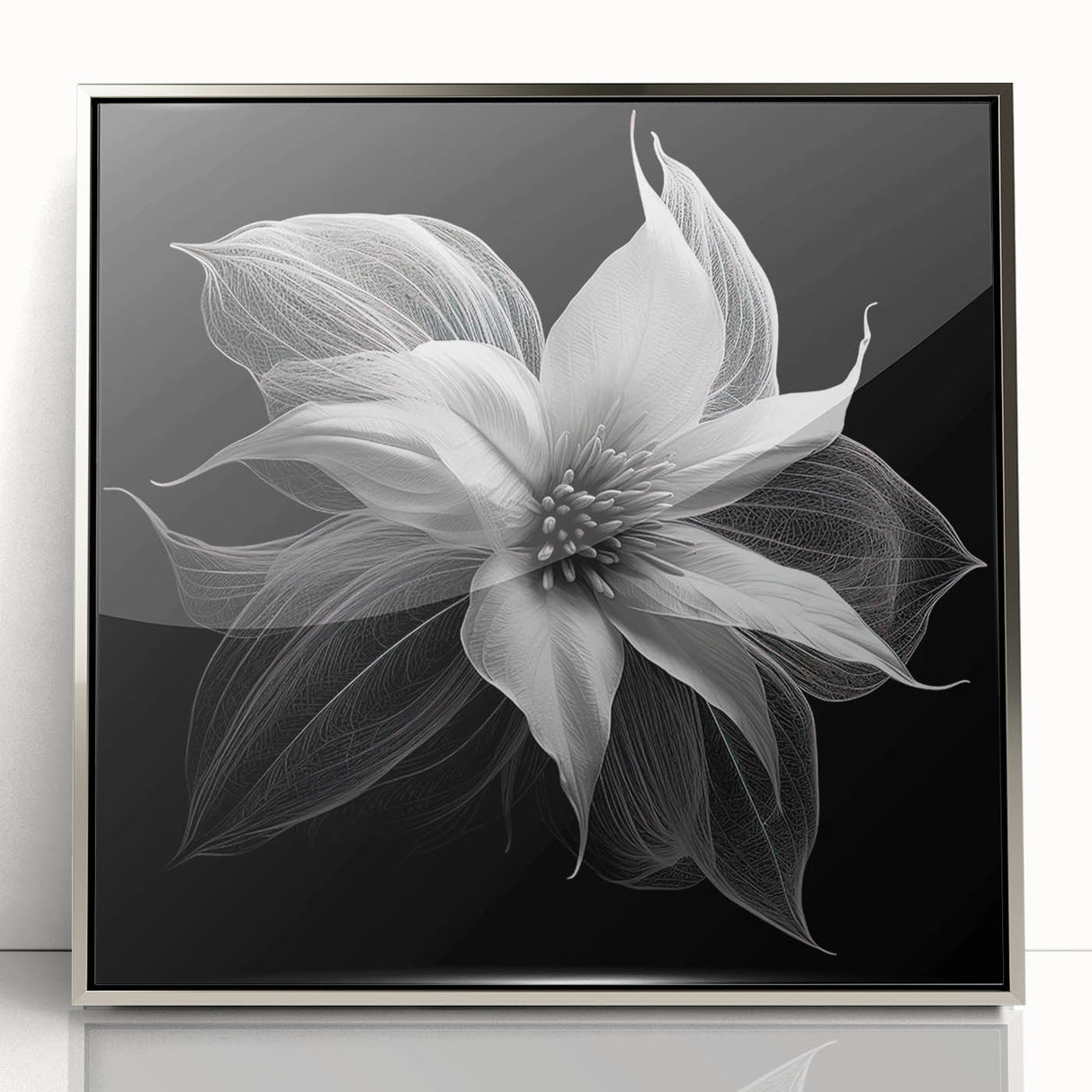 Framed wall art featuring a botanical design of vibrant red poinsettias on a silver acrylic background, perfect for adding a festive touch to any decor.