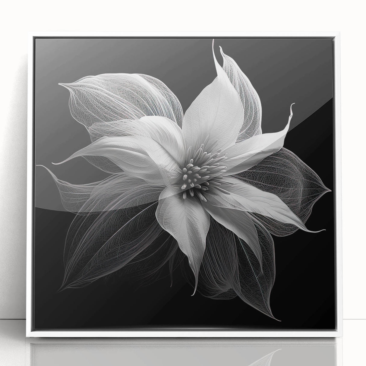Framed wall art showcasing a vibrant botanical poinsettia design in rich reds and greens, set against a white background, perfect for holiday decor.