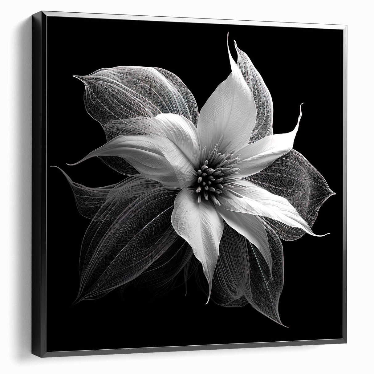 Framed canvas artwork showcasing a botanical poinsettia design in vibrant colors, set against a sleek black frame, ideal for home decor and floral enthusiasts.