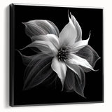Framed canvas artwork showcasing a botanical poinsettia design in vibrant colors, set against a sleek black frame, ideal for home decor and floral enthusiasts.