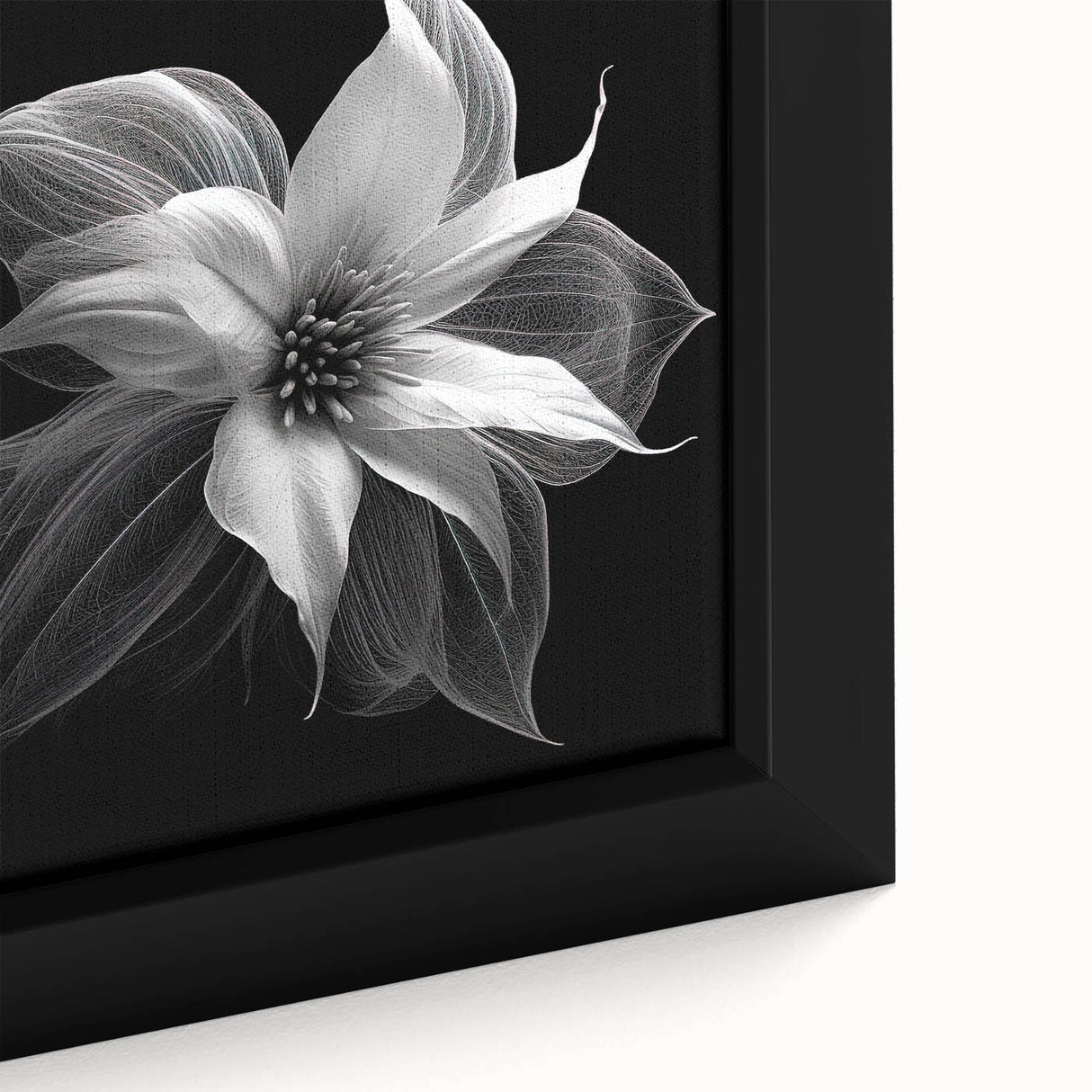 Close-up of a framed canvas featuring a botanical poinsettia design, showcasing vibrant red flowers and lush green leaves, perfect for home decor.