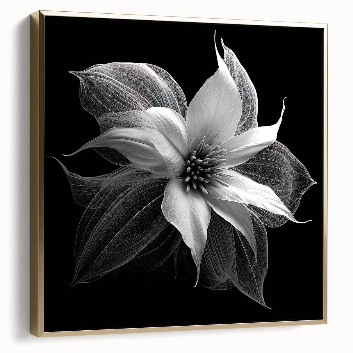 Framed wall art featuring a botanical poinsettia design in vibrant reds and greens, elegantly displayed in a stylish silver and gold frame, perfect for home decor.