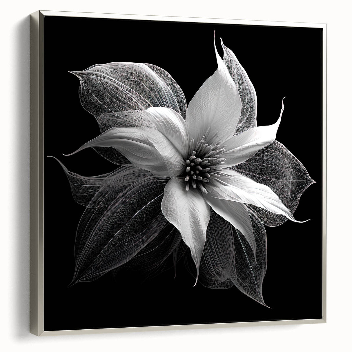 Framed canvas wall art featuring a botanical design of a poinsettia in vibrant red and green colors, elegantly displayed with a silver frame, perfect for holiday decor.