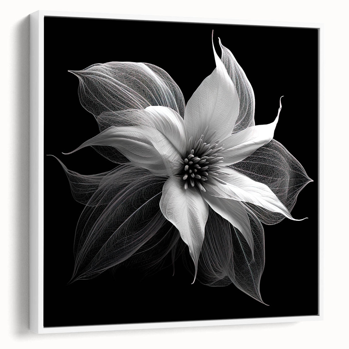 Framed canvas artwork featuring a botanical poinsettia design, showcasing vibrant red flowers and lush green leaves against a white background, ideal for elegant home decor.