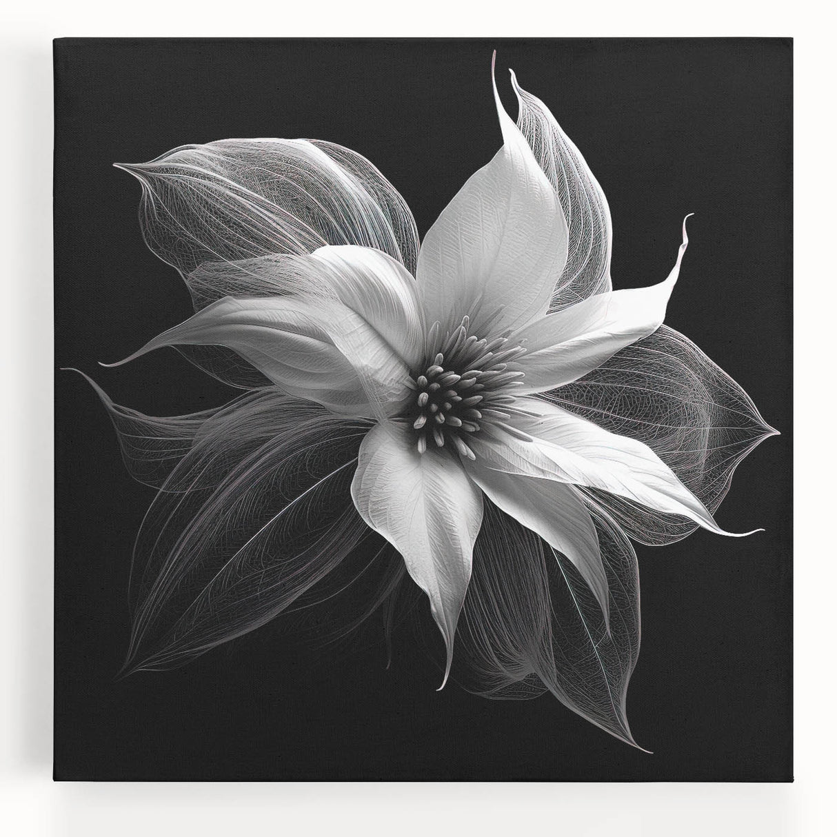Vibrant stretched canvas wall art featuring a botanical poinsettia design in rich reds and greens, ideal for home decor and nature-inspired aesthetics.