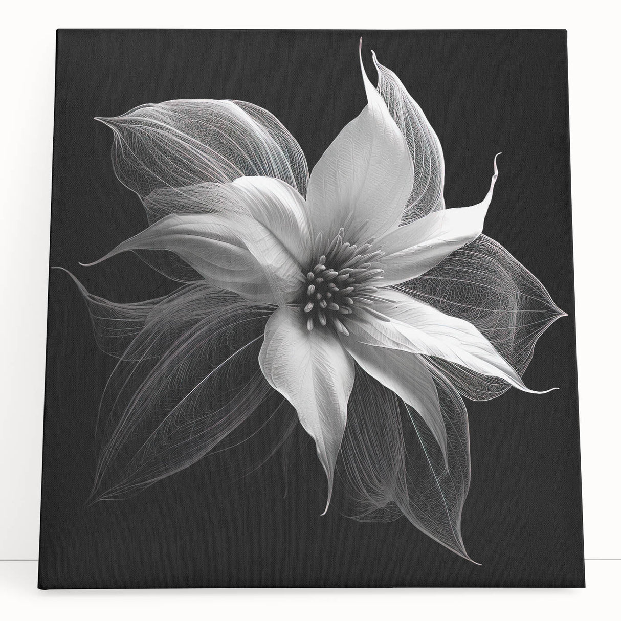 Stretched canvas wall art featuring a vibrant botanical poinsettia design, showcasing rich colors and intricate floral details, ideal for home decor enhancement.