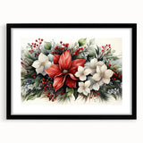 Elegant botanical wall art featuring a beautifully framed poinsettia design in a sleek black frame with a mat, ideal for home decor or holiday aesthetics.