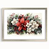 Framed botanical wall art featuring a vibrant poinsettia design with a silver mat, perfect for home decor. Ideal for adding a touch of elegance to any room.