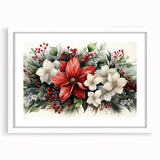 Framed botanical wall art featuring a vibrant poinsettia design, set in a white mat and frame, perfect for enhancing home decor with seasonal elegance.