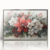 Framed wall art featuring a botanical poinsettia design in vibrant red and green hues, enclosed in a sleek silver frame, perfect for holiday decor.