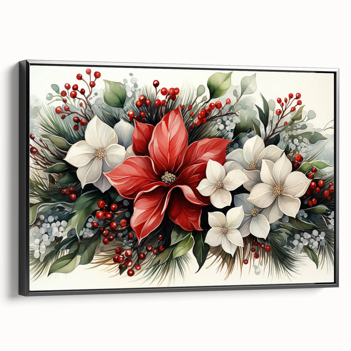 Framed canvas wall art featuring a botanical poinsettia design in vibrant colors, presented in a sleek black frame, showcasing intricate floral details and textures. Perfect for home decor enthusiasts seeking elegant nature-inspired artwork.