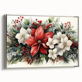 Framed canvas wall art featuring a botanical poinsettia design in vibrant colors, with a sleek silver frame, showcasing a side view of the elegant artwork.