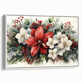 Framed canvas wall art featuring a botanical poinsettia design in vibrant red and green hues. Displayed from the side, it showcases an elegant white frame, perfect for enhancing home decor. Ideal for botanical art enthusiasts and festive decor themes.