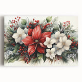 Vibrant botanical wall art featuring a detailed poinsettia design on stretched canvas, showcasing rich red and green colors, ideal for holiday or seasonal decor.