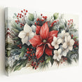Stretched canvas artwork showcasing a vibrant botanical poinsettia design with rich colors, perfect for home decor and holiday themes, viewed from the side.