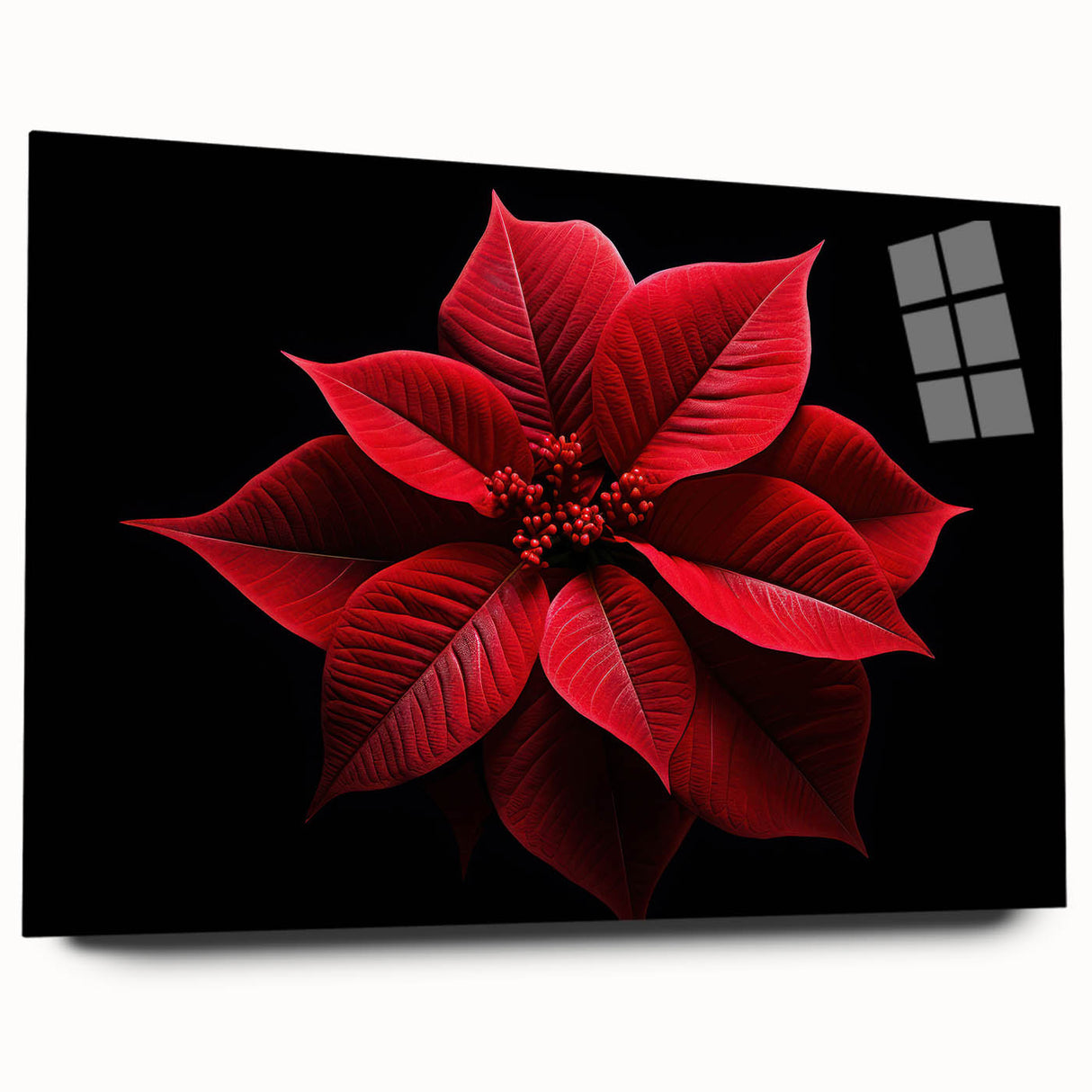 Acrylic wall art featuring a vibrant botanical poinsettia design in vivid reds and greens, displayed in a stylish side view, ideal for home decor.