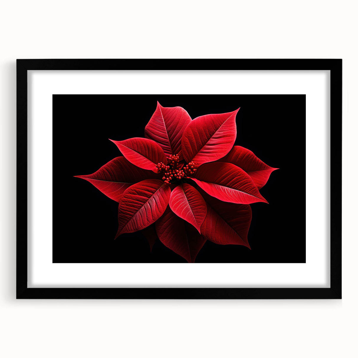 Black-framed botanical wall art featuring a vibrant poinsettia design, elegantly matted for a polished look, ideal for enhancing home decor with a touch of nature.