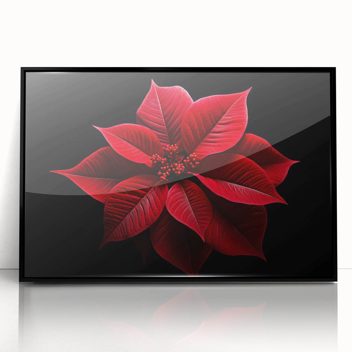 Framed botanical wall art featuring a vibrant poinsettia design, set in a sleek black frame with an acrylic front, perfect for holiday decor.