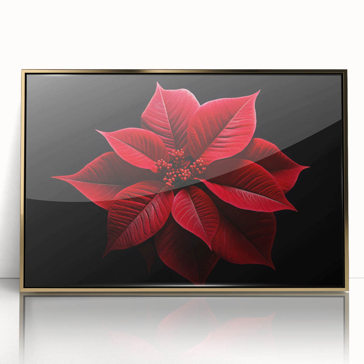 Framed wall art featuring a botanical poinsettia design in vibrant colors, presented in a sleek gold frame, ideal for enhancing home decor with a touch of nature.