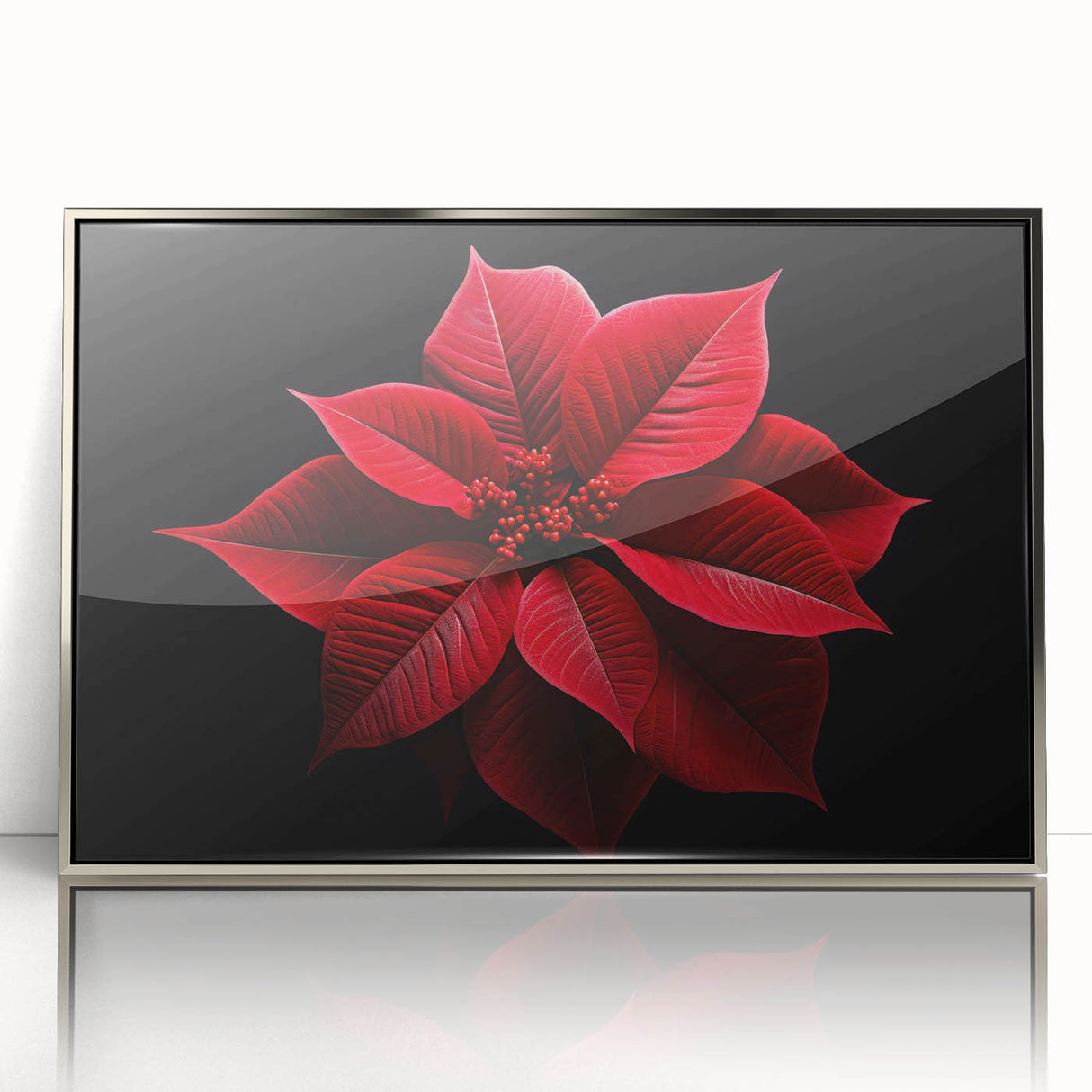 Framed wall art featuring a vibrant botanical poinsettia design, presented in a sleek silver frame, ideal for enhancing home decor with elegance and color.