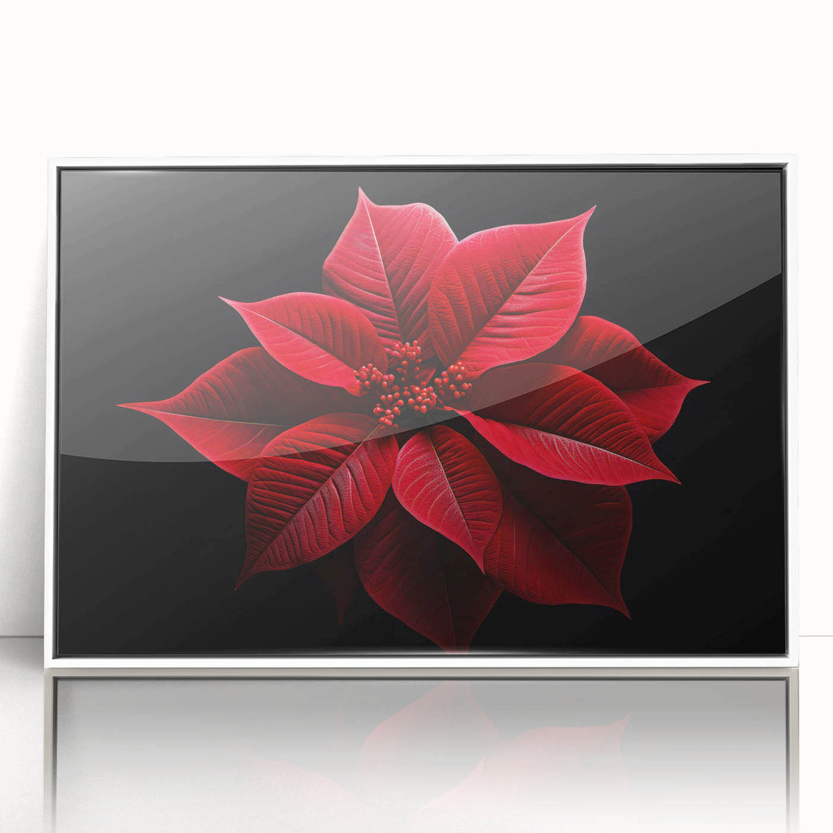 Framed botanical wall art featuring a vibrant poinsettia design in acrylic, set against a white background, perfect for home decor enthusiasts seeking floral elegance.