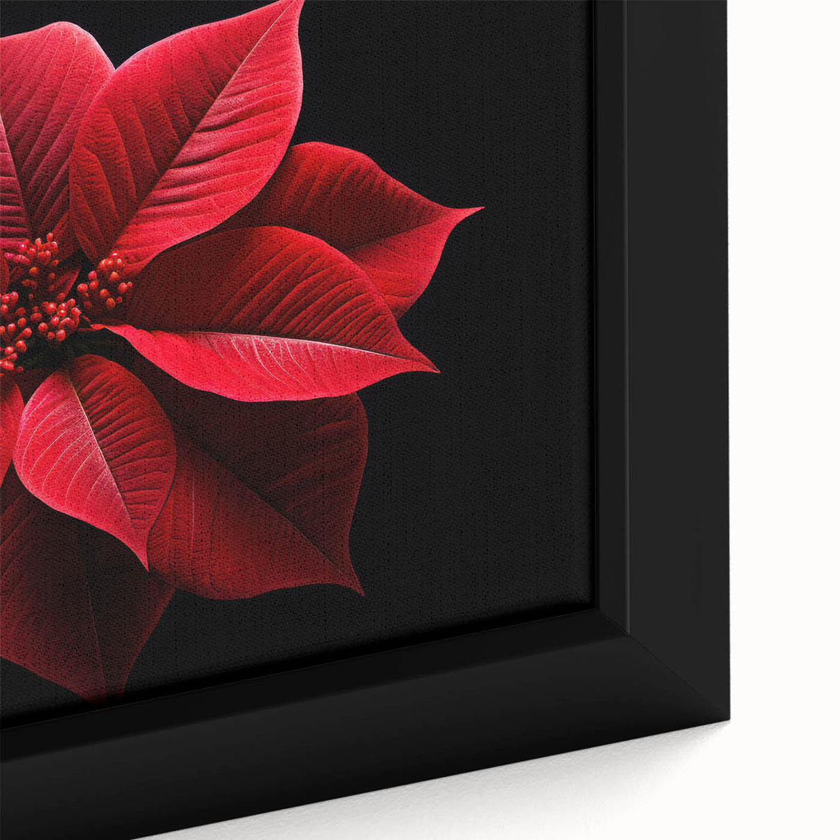 Close-up of a botanical poinsettia wall art design featuring vibrant red and green colors, elegantly framed in a sleek black frame, perfect for festive home decor. Ideal for adding a touch of nature-inspired elegance to any space.