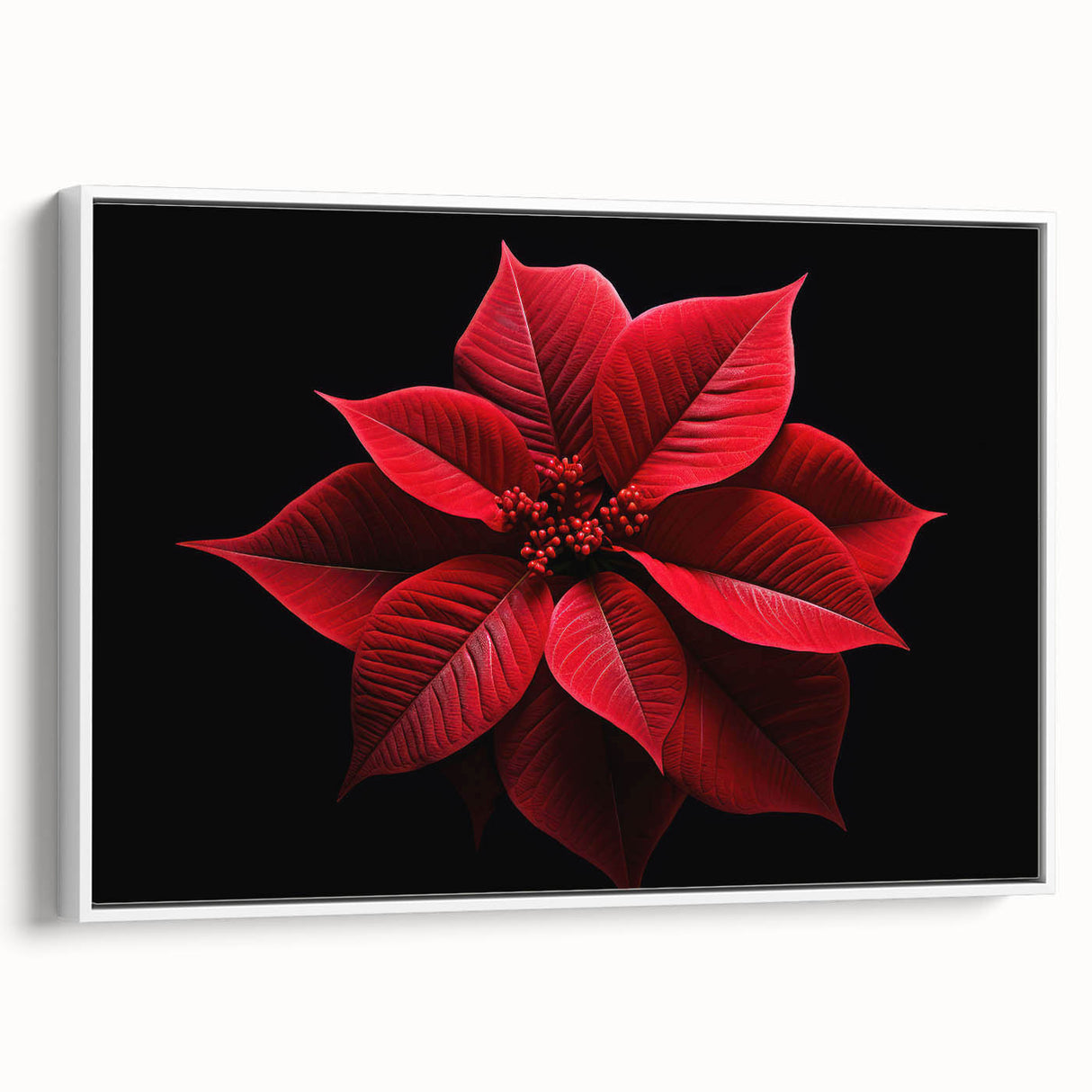Framed botanical wall art featuring a vibrant poinsettia design on canvas, displayed from a white side view, perfect for home decor and seasonal aesthetics.