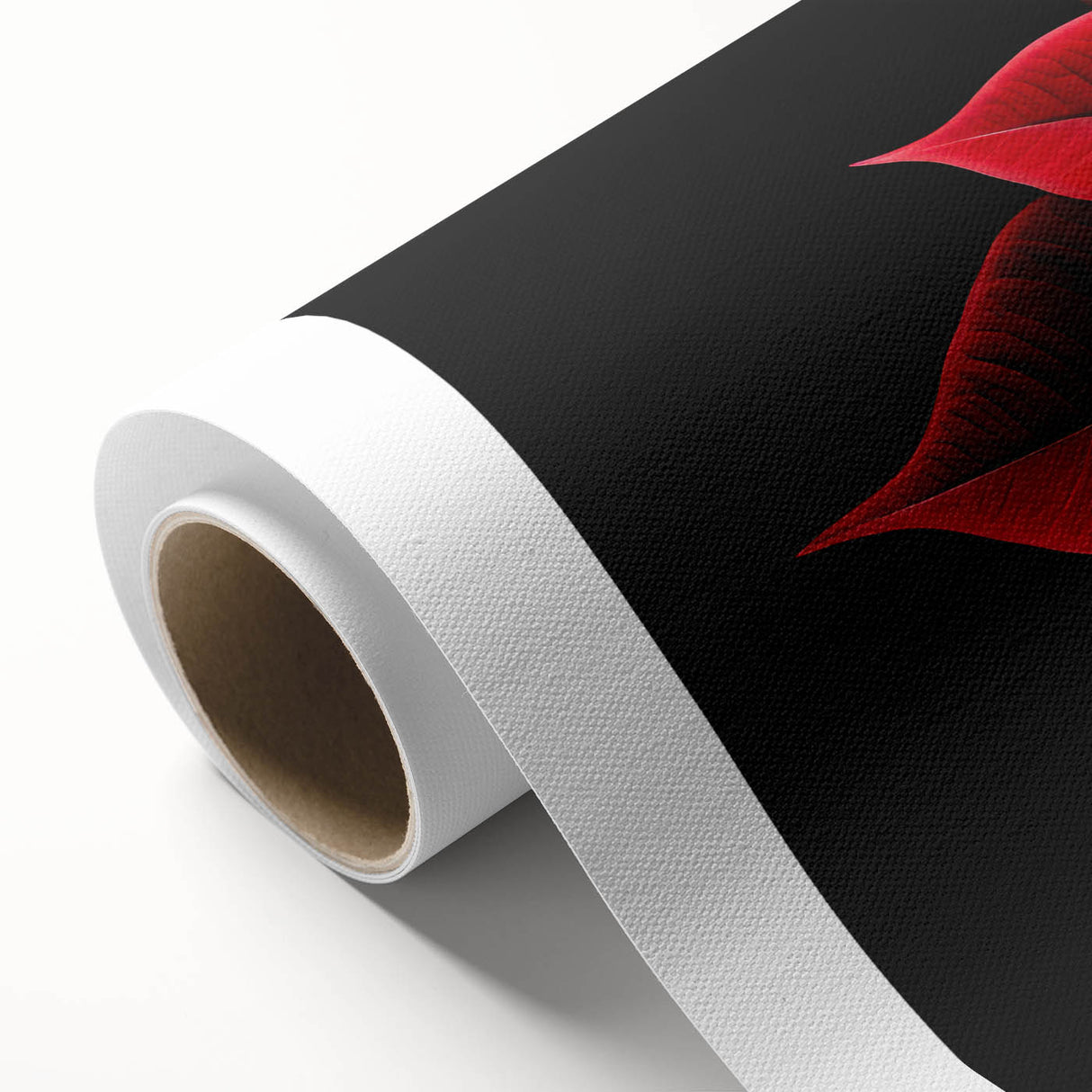 Poinsettia botanical wall art print on rolled canvas, showcasing vibrant red and green floral design, perfect for festive home decor, displayed in a sturdy tube.