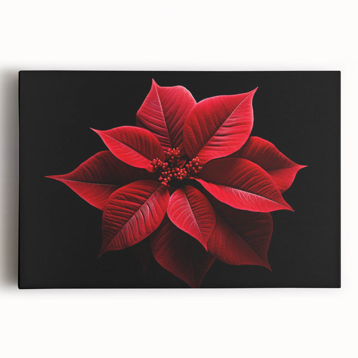 Botanical wall art featuring a vibrant poinsettia design on stretched canvas, showcasing rich colors and intricate details, perfect for festive home decor.