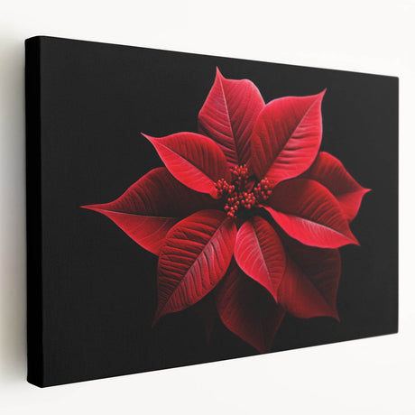 Stretched canvas wall art showcasing a vibrant botanical poinsettia design in rich red and green hues, perfect for enhancing home decor with a fresh floral touch.