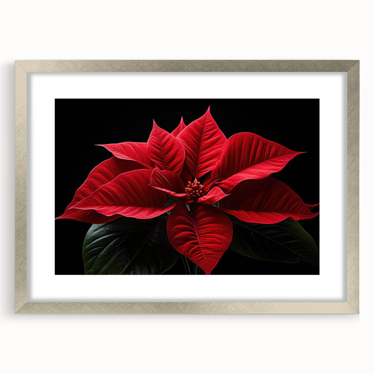 Botanical poinsettia wall art design in a silver frame, featuring vibrant red and green flowers with intricate detailing, ideal for home decor and seasonal decoration.
