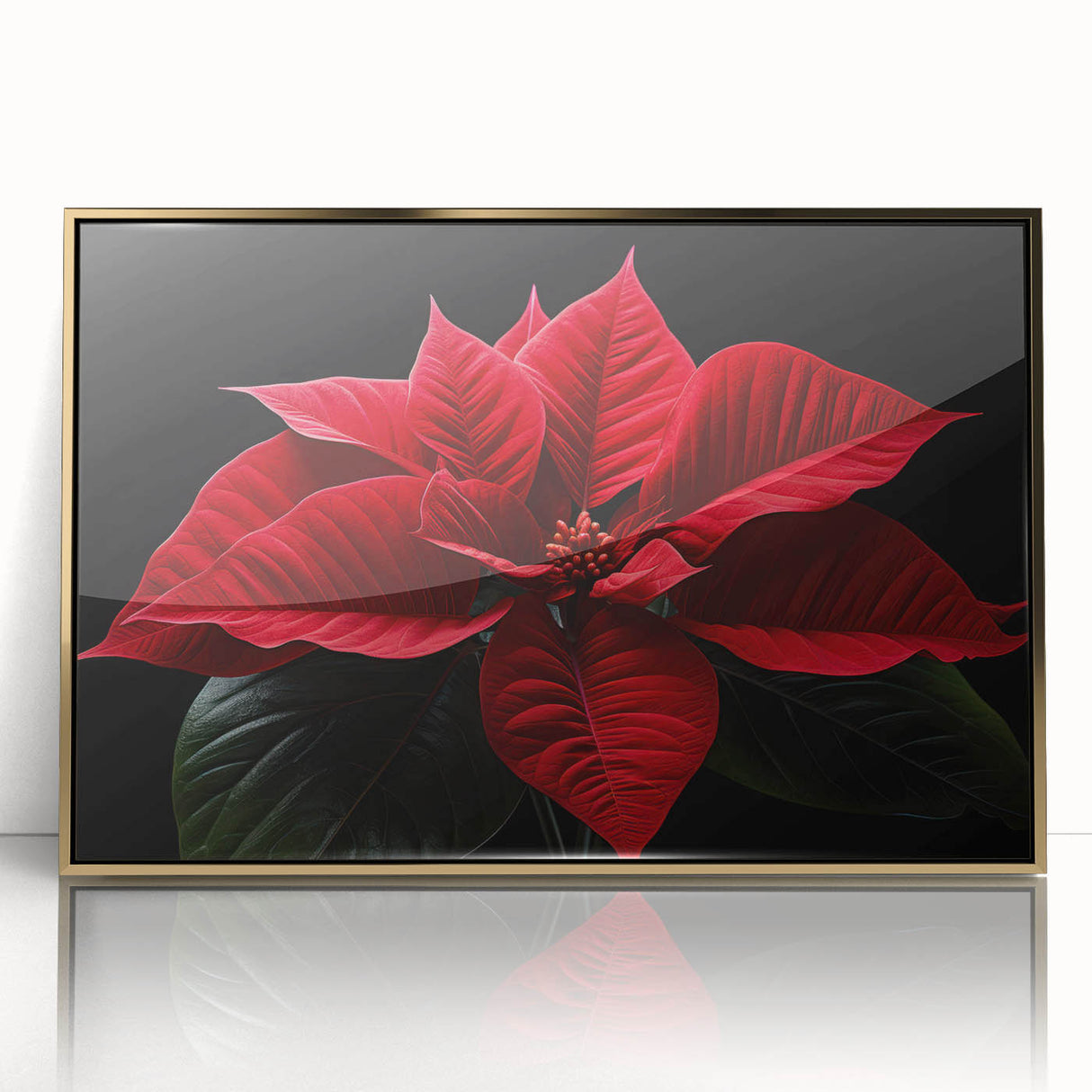 Framed wall art featuring a botanical poinsettia design in vibrant colors, accented with gold framing, ideal for home decor and seasonal celebrations. This artwork adds a touch of elegance and warmth to any space, enhancing interior aesthetics with its floral motif.