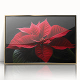 Framed wall art featuring a botanical poinsettia design in vibrant colors, accented with gold framing, ideal for home decor and seasonal celebrations. This artwork adds a touch of elegance and warmth to any space, enhancing interior aesthetics with its floral motif.