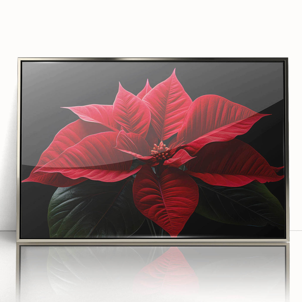 Framed wall art featuring a botanical poinsettia design in vibrant colors, set in a sleek silver frame, perfect for adding elegance to home decor.