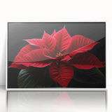 Framed botanical wall art featuring a vibrant poinsettia design in rich red and green hues, set against a clean white background, perfect for holiday decor.