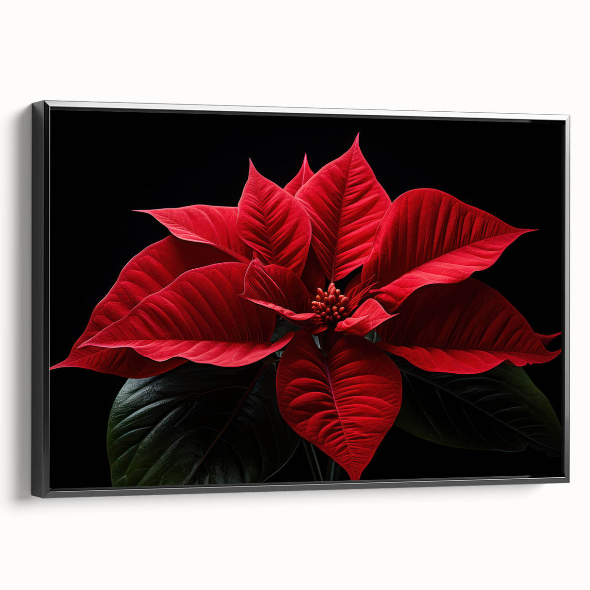 Framed canvas wall art featuring a botanical poinsettia design, showcasing vibrant red and green colors with a sleek black frame, ideal for home decor enhancement.