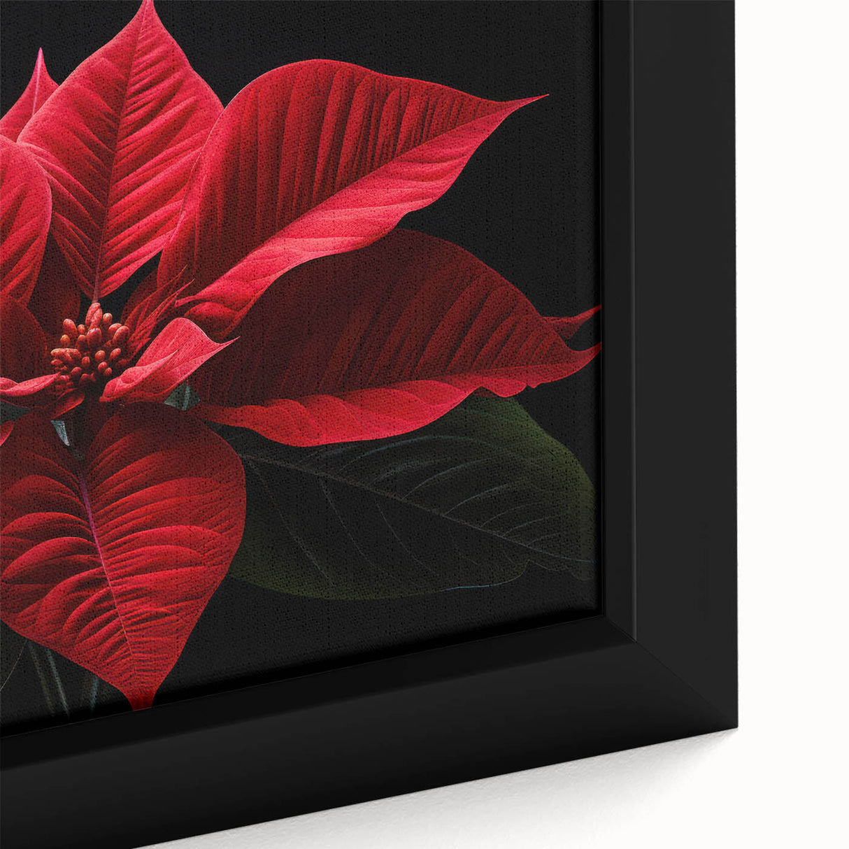 Close-up of a framed canvas wall art featuring a vibrant botanical poinsettia design with rich colors and intricate details, perfect for home decor and seasonal decoration.
