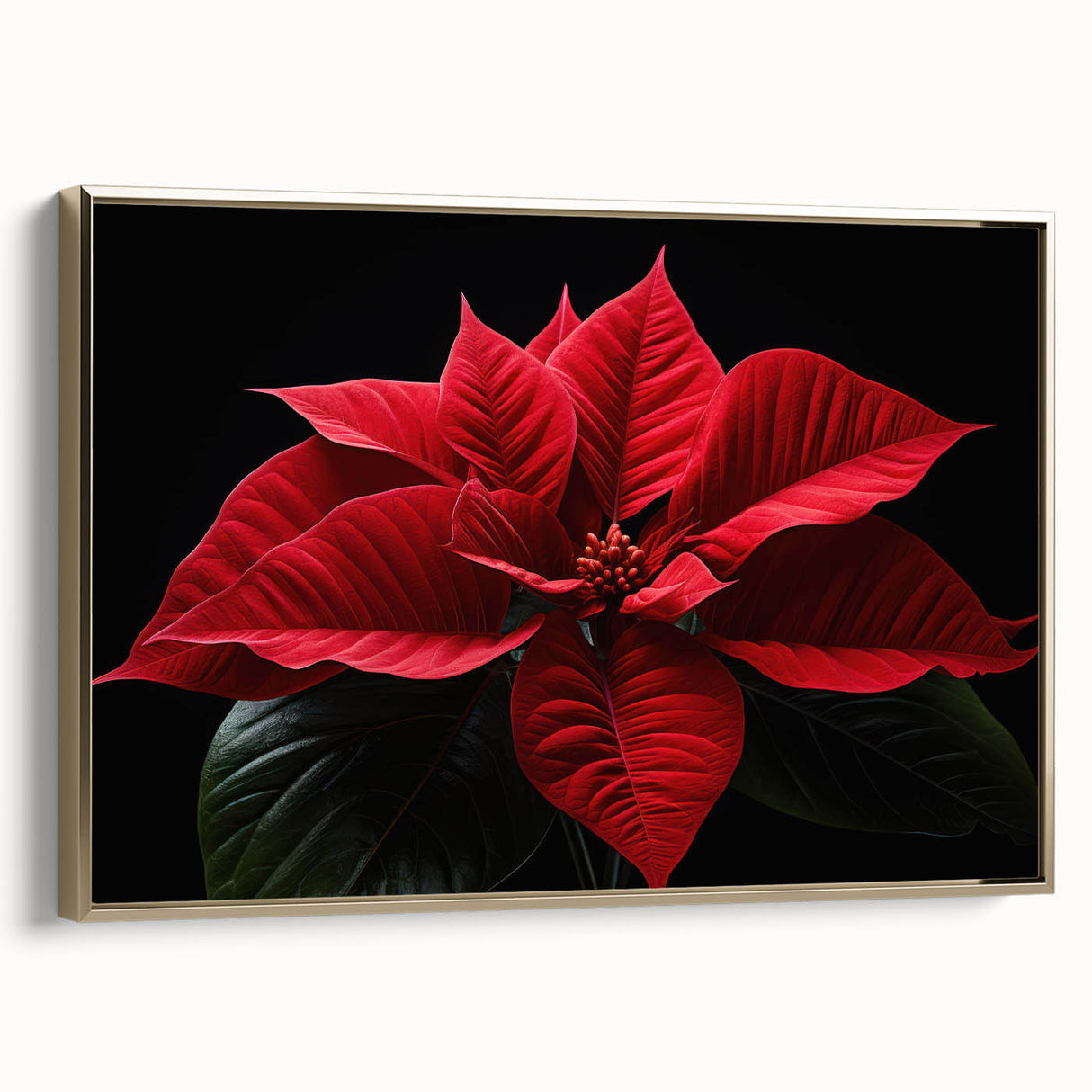 Framed botanical wall art showcasing a vibrant poinsettia design on canvas, featuring a luxurious gold frame, perfect for adding elegance to home decor.