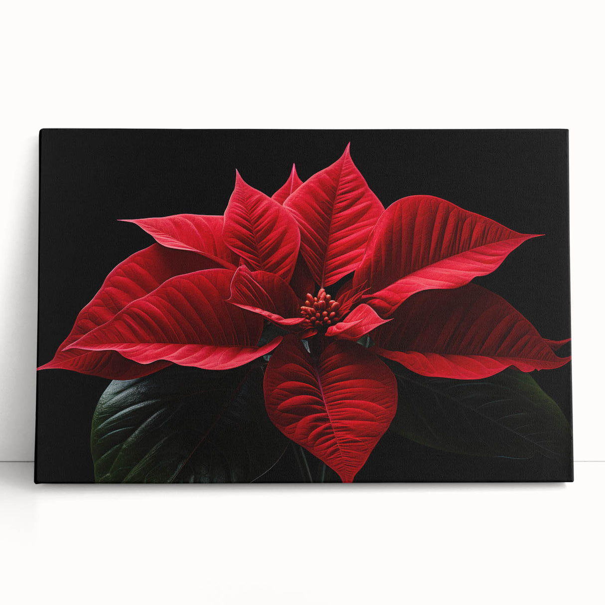 Close-up of a stretched canvas featuring a vibrant botanical poinsettia design, showcasing rich reds and greens, perfect for enhancing home decor with a festive touch.