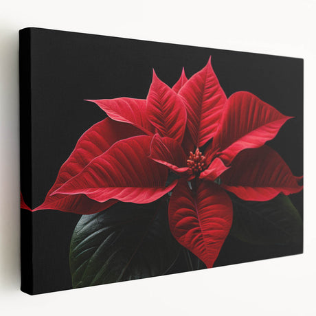 Stretched canvas wall art showcasing a vibrant botanical poinsettia design, featuring rich red and green colors, ideal for holiday home decor.