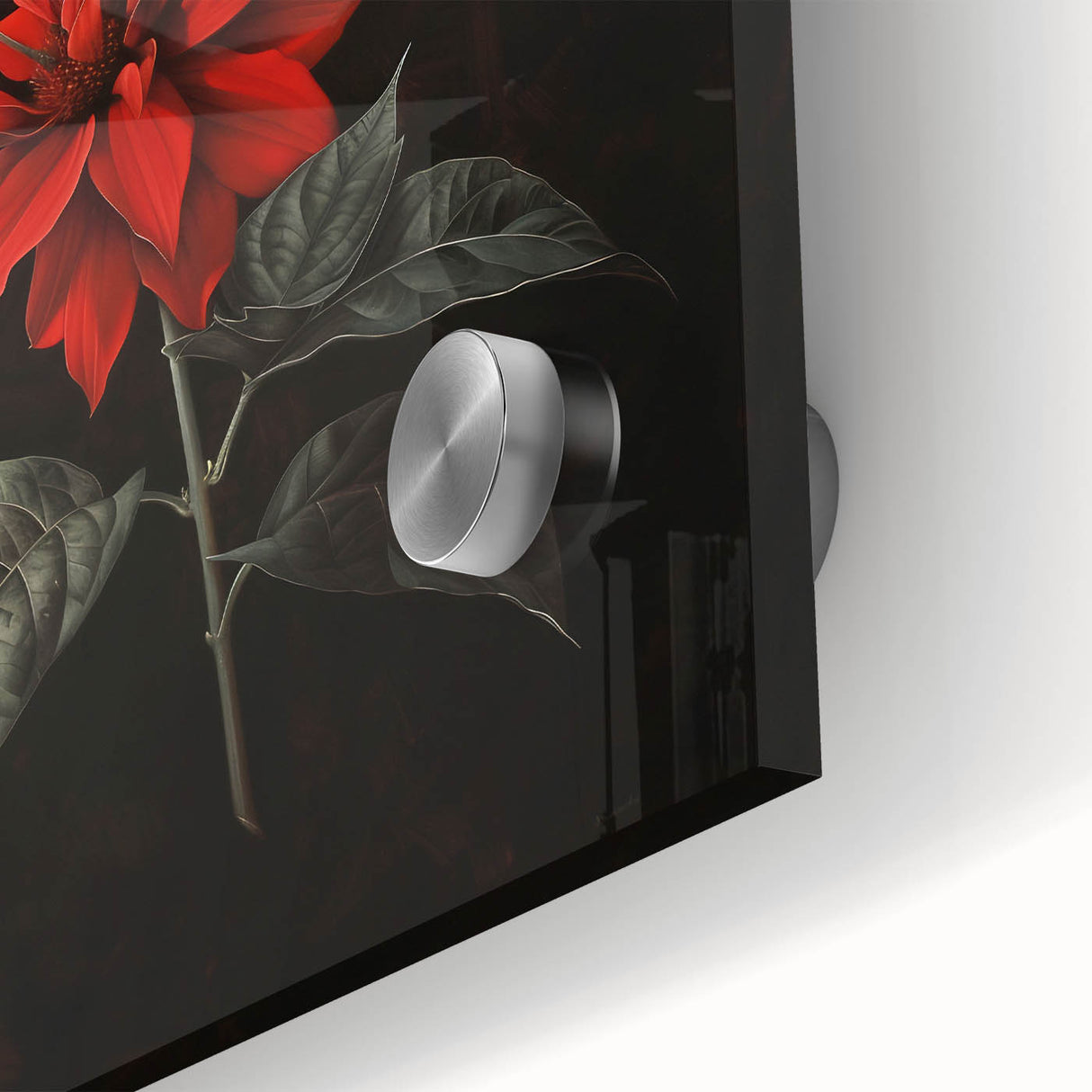 Vibrant close-up of a botanical poinsettia design wall art piece, featuring rich red and green colors on acrylic glass, perfect for seasonal decor.