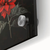 Vibrant close-up of a botanical poinsettia design wall art piece, featuring rich red and green colors on acrylic glass, perfect for seasonal decor.