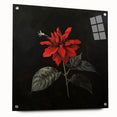 Elegant botanical poinsettia wall art design displayed in an acrylic glass frame, showcasing vibrant red and green colors. Ideal for home decor enhancement.