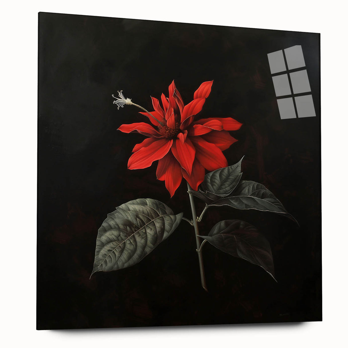 Elegant botanical wall art featuring a vibrant poinsettia design, displayed in a sleek acrylic frame, showcasing intricate details and color richness, perfect for home décor.